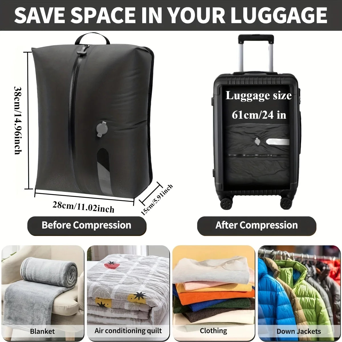 Vacuum Bags for Travel Luggage Vacuum Compression Storage Bag Reusable Compression Bag Waterproof Dustproof Foldable Storage